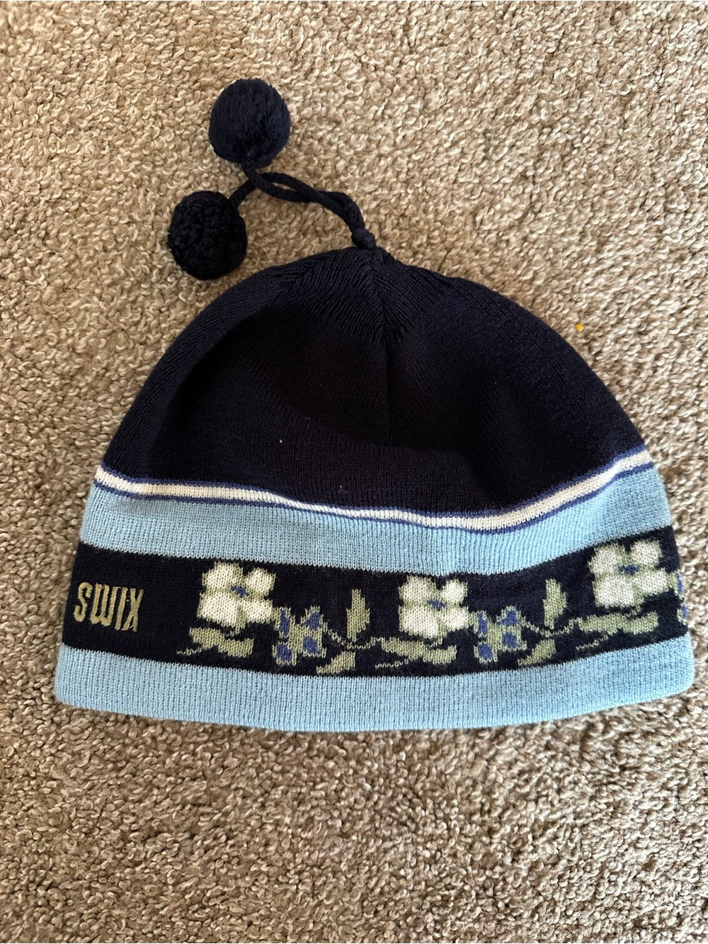 Women’s Navy and Light Blue Floral Pom-Top Beanie